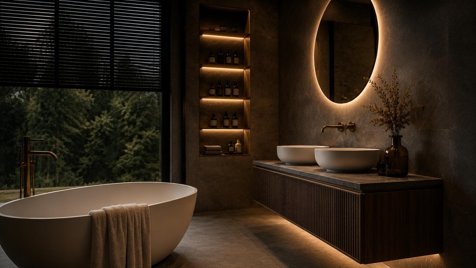 Luxe badkamer met vrijstaand bad, dubbele wastafel en sfeerverlichting bij Ter Haar Sanitair
