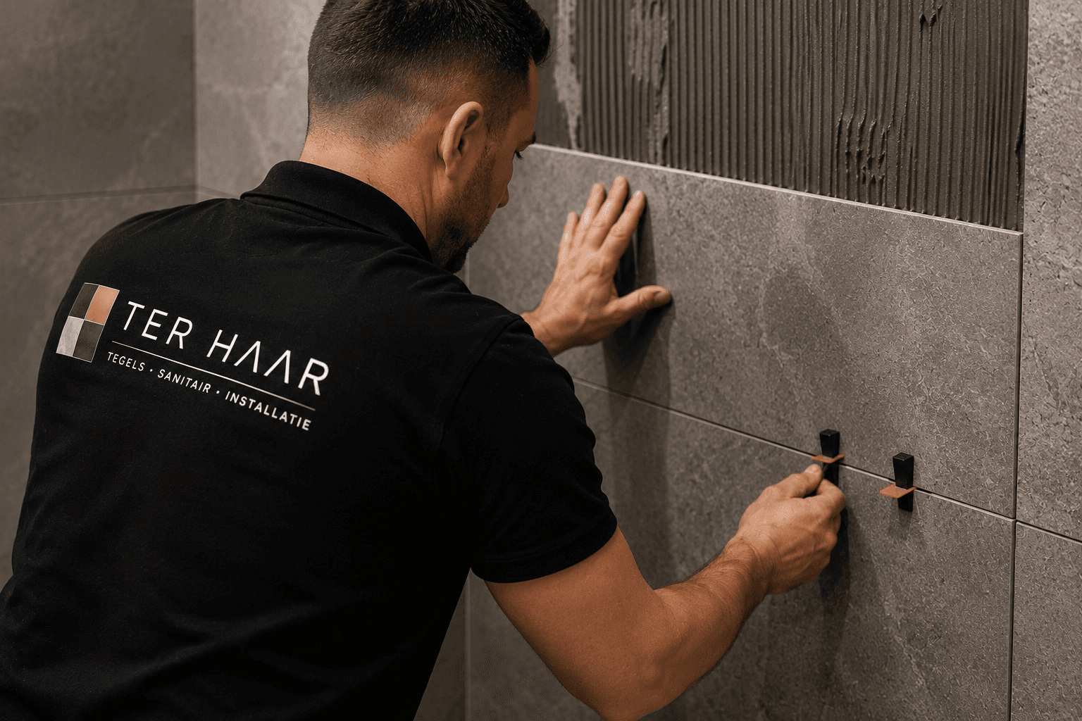 Vakman van Ter Haar Sanitair aan het werk in een badkamer in Purmerend