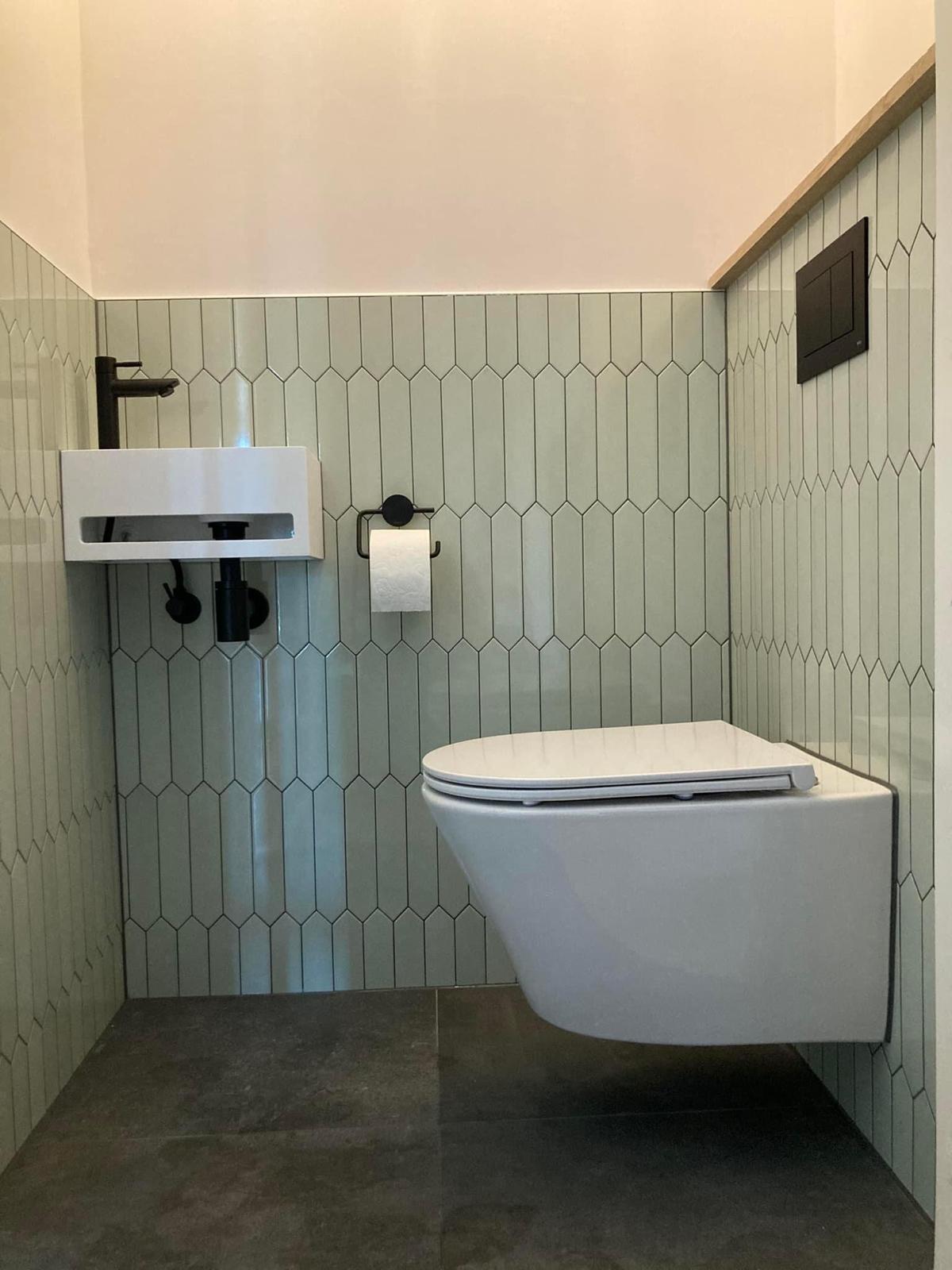 Toilet renovatie met groene picket tegels en zwart sanitair